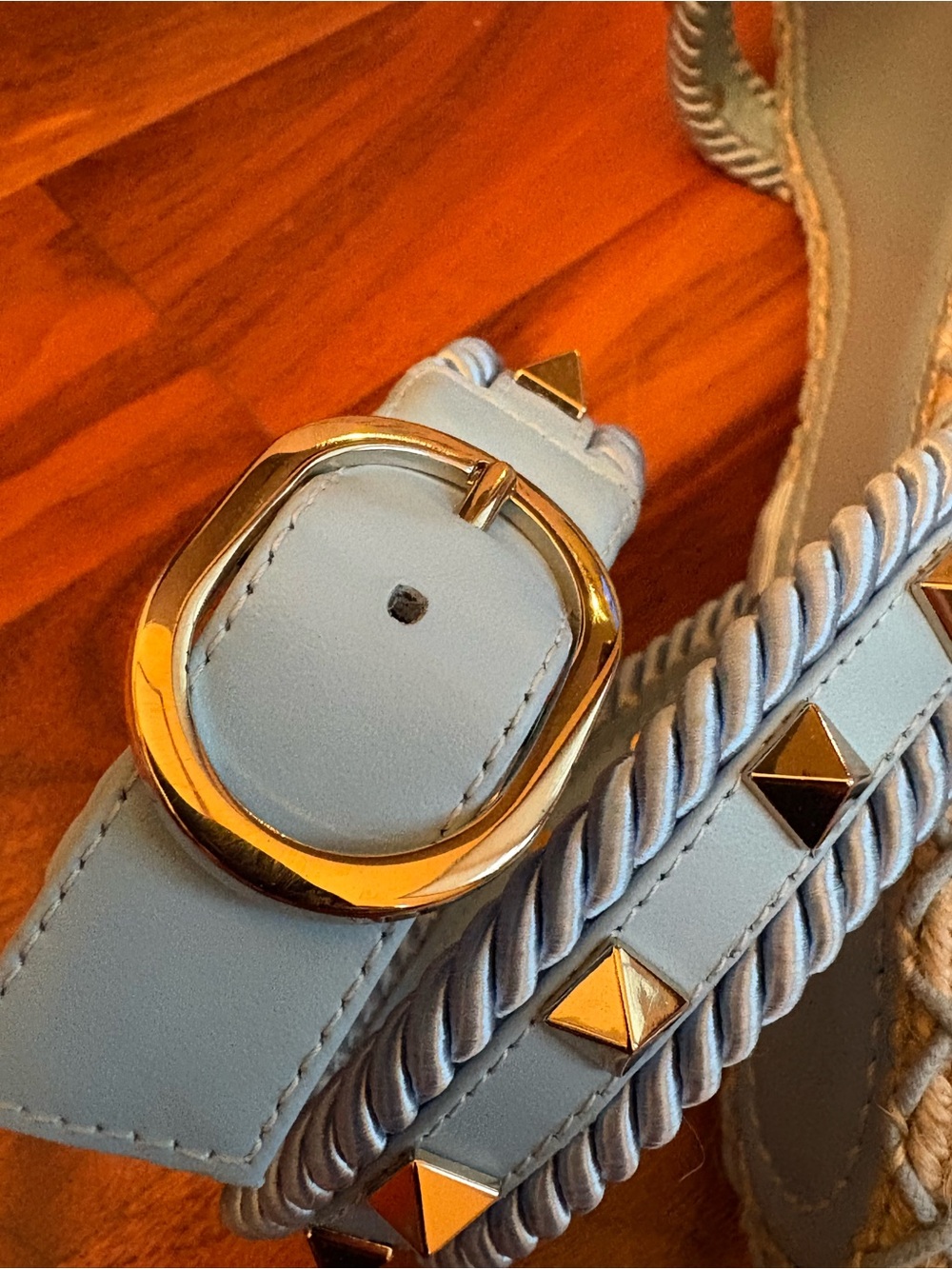 Valentino Garavani Rockstud Torchon Braided Espadrille Sandals, Powder Blue, NEW - Picture 10 of 15